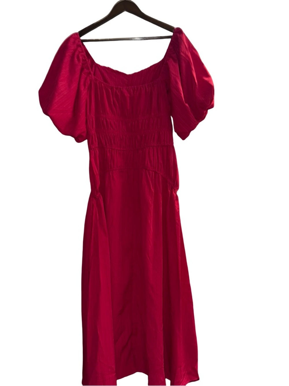 Hingewave Red Puff Sleeve Midi Dress Smocked Waist Cottagecore Romantic Size L - Picture 2 of 7